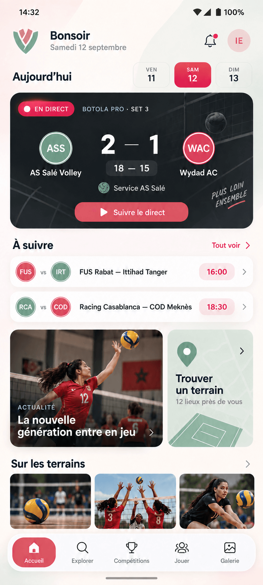 Écran d’accueil VBM affichant un match en direct, les prochains matchs, les actualités et les terrains